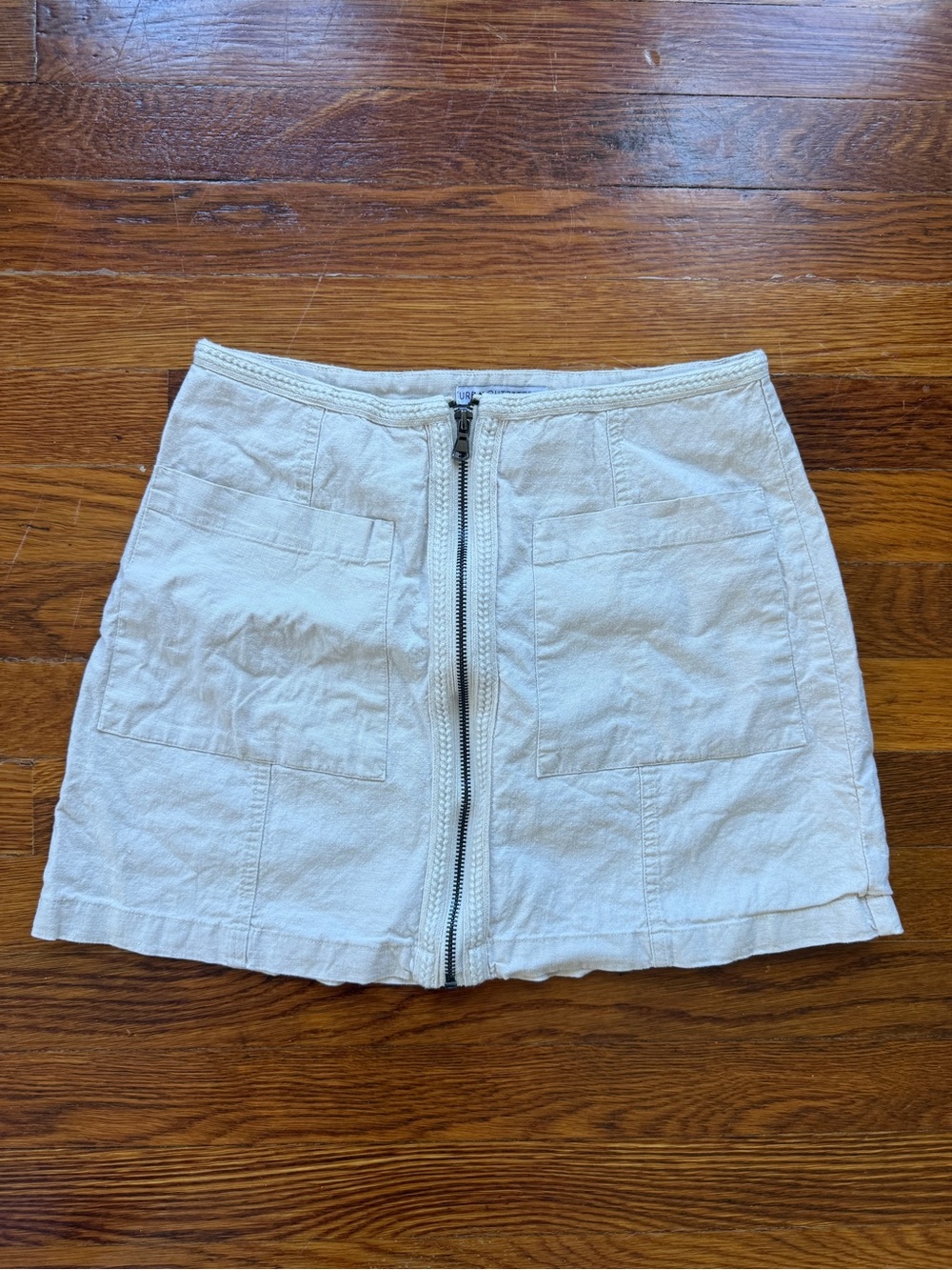 Urban Outfitters Cream Front-Zip Mini Skirt with Patch Pockets